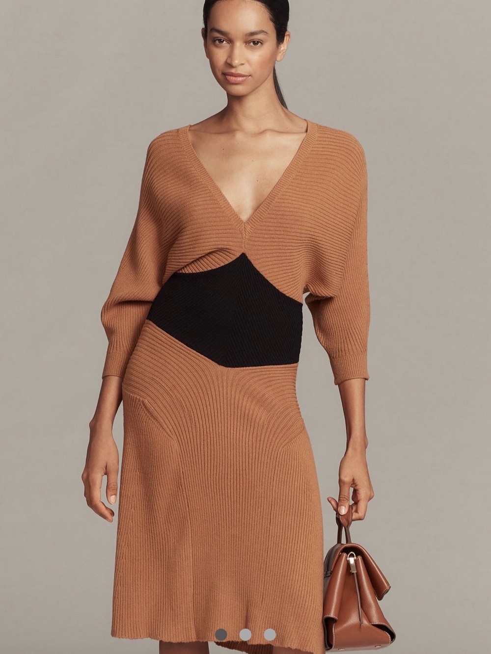 Anthropologie Colorblock Smocked Waist Ribbed Sweater Dress Tan Black M NWT